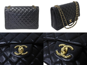 CHANEL シャネル Wフラップチェーンショルダーバッグ デカマトラッセ 33cm 14番台 ラムスキン ブラック ゴールド 美品 中古 64584