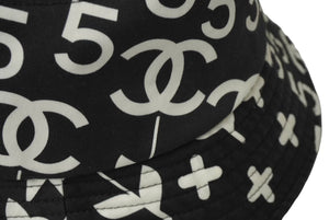 CHANEL シャネル バケットハット サイズM ココマーク スター No.5 カメリア コットン プリント ブラック ホワイト 総柄 美品 中古 64587