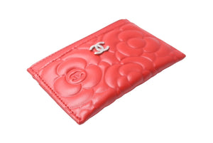 新品未使用 CHANEL シャネル カードケース パスケース カメリア ココマーク ラムスキン 22番台 シルバー金具 レッド 中古 64588