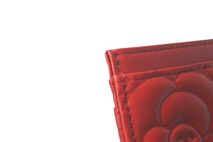 新品未使用 CHANEL シャネル カードケース パスケース カメリア ココマーク ラムスキン 22番台 シルバー金具 レッド 中古 64588