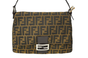 FENDI フェンディ ズッカ柄 マンマバケット ワンショルダーバッグ ブラウン コットンキャンバス レザー シルバー金具 美品 中古 64594 