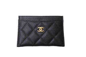 新品同様 CHANEL シャネル カードケース パスケース ココマーク キャビアスキン ランダム番台 ブラック ゴールド金具 中古 64613