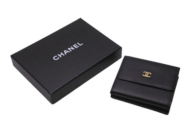 極美品 CHANEL シャネル レザー 三つ折り財布 6番台 ブラック ココマーク ウォレット ロゴ 小物 中古 64614