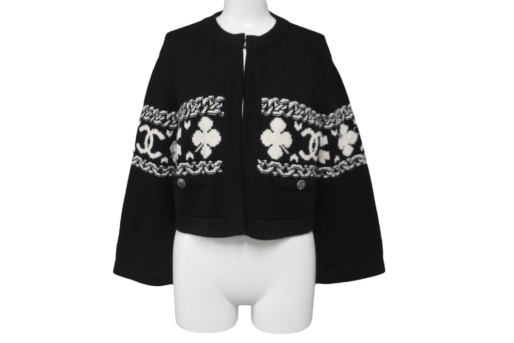 極美品 CHANEL シャネル カシミヤ カーディガン ブラック ホワイト P63147K48819 ココマーク ロゴ トップス サイズ36 中古 64700