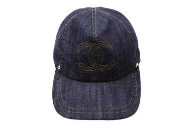 極美品 CHANEL シャネル デニムキャップ 帽子 ココマーク イタリア製 コットン ブルー ゴールド金具 サイズM 中古 64719