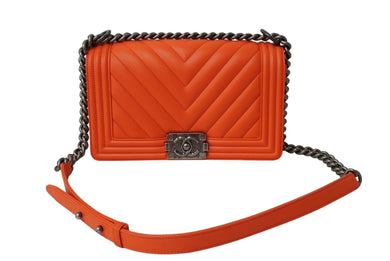 CHANEL シャネル ボーイシャネル シェブロン ショルダーバッグ 22番台 2016年 ラムスキン オレンジ シルバー金具 美品 中古 64742