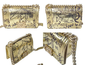 CHANEL シャネル ボーイシャネル チェーンショルダーバッグ 25cm グラフィティ 28番台 773 レザー ゴールド 美品 中古 64743