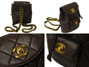 CHANEL シャネル マトラッセ リュック Wココマークミニ バックパック ココマーク 2番台 1993年 ラムスキン ブラウン ゴールド金具 美品 中古 64711