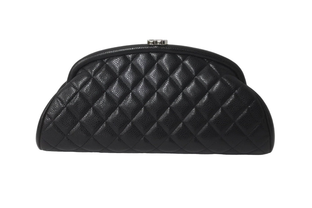 極美品 CHANEL シャネル マトラッセ がま口 クラッチバッグ ポーチ 19番台 ブラック キャビアスキン シルバー金具 中古 64773