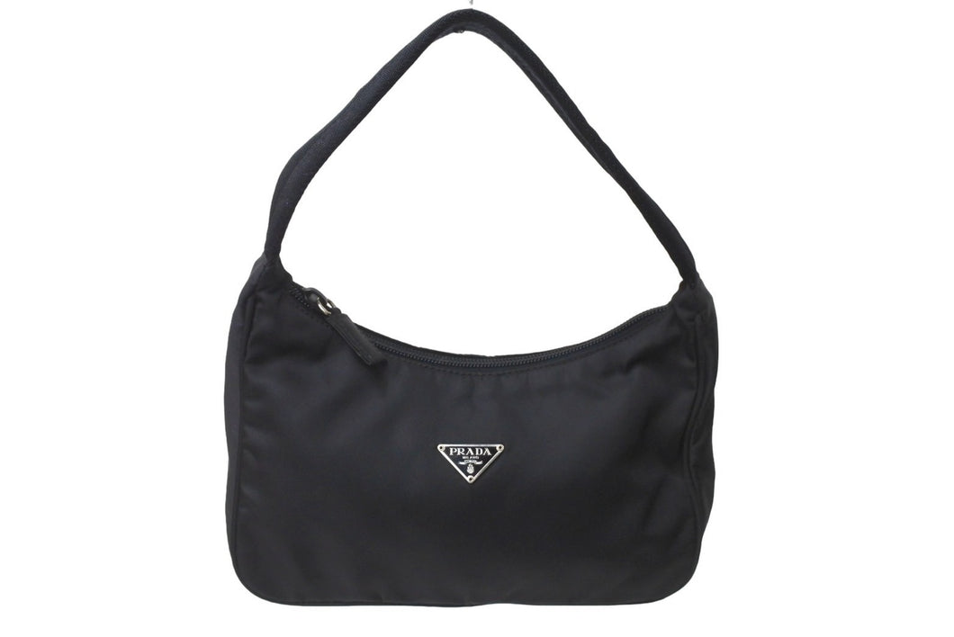 極美品 PRADA プラダ ホーボー ハンドバッグ MV515 トライアングルロゴ ブラック ナイロン シルバー金具 中古 64780 