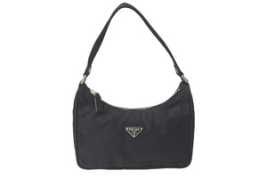 PRADA プラダ ハンドバッグ ホーボー MV515 トライアングルロゴ ブラック ナイロン シルバー金具 美品 中古 64781 