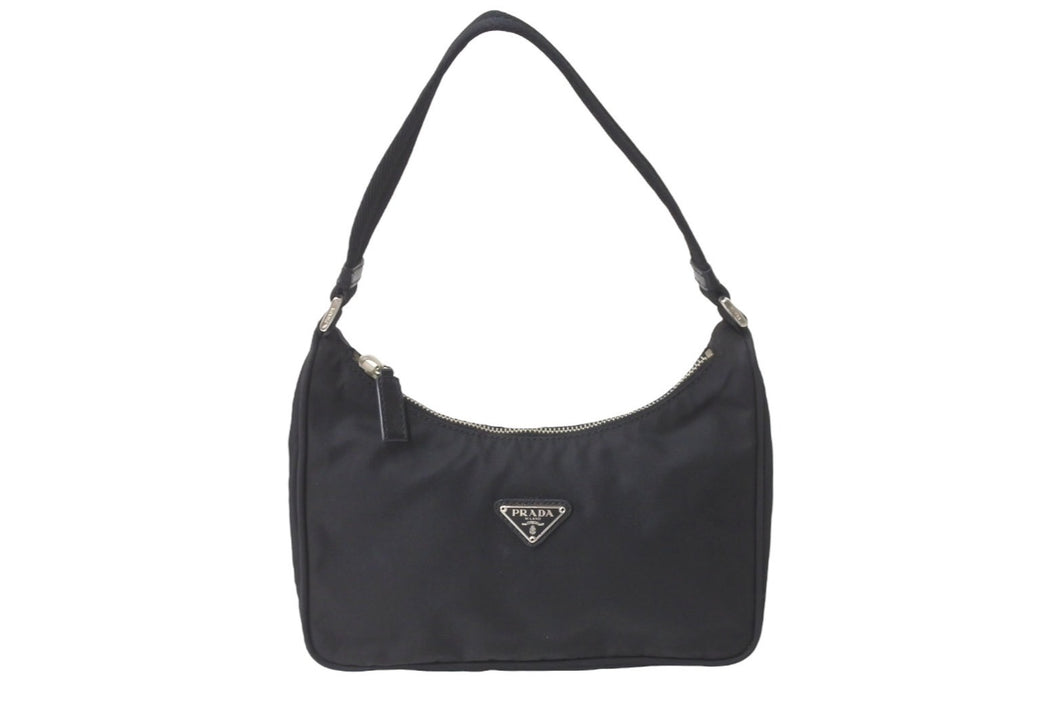 PRADA プラダ ハンドバッグ ホーボー MV515 トライアングルロゴ ブラック ナイロン シルバー金具 美品 中古 64781 