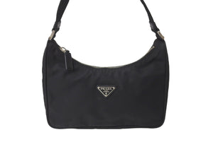 PRADA プラダ ハンドバッグ ホーボー MV515 トライアングルロゴ ブラック ナイロン シルバー金具 美品 中古 64781 