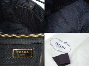 PRADA プラダ トートバッグ ロゴ ジャガード 1BG158 UCWF0002 00 キャンバス レザー ブラック 美品 中古 64783 