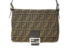 FENDI フェンディ ズッカ柄 マンマバケット ワンショルダーバッグ ブラウンロゴ コットンキャンバス レザー 美品 中古 64784 