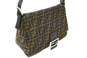 FENDI フェンディ ズッカ柄 マンマバケット ワンショルダーバッグ ブラウンロゴ コットンキャンバス レザー 美品 中古 64784 
