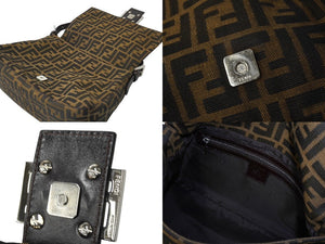 FENDI フェンディ ズッカ柄 マンマバケット ワンショルダーバッグ ブラウンロゴ コットンキャンバス レザー 美品 中古 64784 