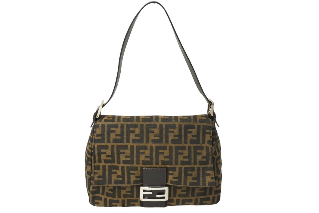 FENDI フェンディ ズッカ柄 マンマバケット ワンショルダーバッグ ブラウンロゴ コットンキャンバス レザー 美品 中古 64785 