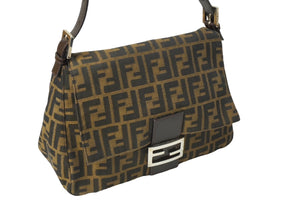 FENDI フェンディ ズッカ柄 マンマバケット ワンショルダーバッグ ブラウンロゴ コットンキャンバス レザー 美品 中古 64785 