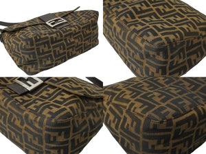 FENDI フェンディ ズッカ柄 マンマバケット ワンショルダーバッグ ブラウンロゴ コットンキャンバス レザー 美品 中古 64785 