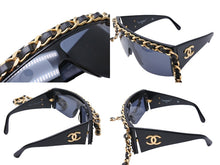 Load image into Gallery viewer, CHANEL シャネル チェーン サングラス ココマーク 01456 94305 レザー メタル GP ブラック 美品 中古 64789