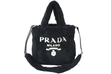 PRADA プラダ テリー ミニトート 2way ハンドバッグ レタリングロゴ 1BG447 ブラック ホワイト シルバー金具 良品 中古 64888 