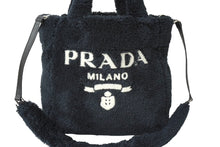 画像をギャラリービューアに読み込む, PRADA プラダ テリー ミニトート 2way ハンドバッグ レタリングロゴ 1BG447 ブラック ホワイト シルバー金具 良品 中古 64888 