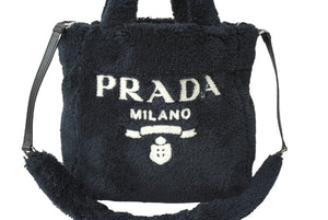 PRADA プラダ テリー ミニトート 2way ハンドバッグ レタリングロゴ 1BG447 ブラック ホワイト シルバー金具 良品 中古 64888 