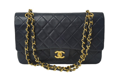 CHANEL シャネル マトラッセ Wフラップチェーンショルダーバッグ 1番台 ラムスキン 25cm ネイビー ゴールド金具 中古 64892