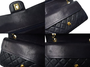 CHANEL シャネル マトラッセ Wフラップチェーンショルダーバッグ 1番台 ラムスキン 25cm ネイビー ゴールド金具 中古 64892