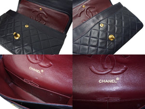 CHANEL シャネル マトラッセ Wフラップチェーンショルダーバッグ 1番台 ラムスキン 25cm ネイビー ゴールド金具 中古 64892