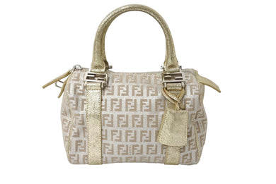 FENDI フェンディ ハンドバッグ ズッキーノ キャンバス ゴールドーラメ ベージュ シルバー金具 美品 中古 64906 