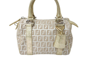 FENDI フェンディ ハンドバッグ ズッキーノ キャンバス ゴールドーラメ ベージュ シルバー金具 美品 中古 64906 
