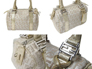 FENDI フェンディ ハンドバッグ ズッキーノ キャンバス ゴールドーラメ ベージュ シルバー金具 美品 中古 64906 