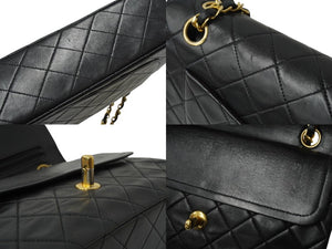 CHANEL シャネル チェーンショルダーバッグ Wフラップ マトラッセ 23cm ココマーク ラムスキン 1番台 ブラック ゴールド金具 美品 中古 64907