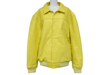 極美品 Sp5der スパイダー デボスウェブ レザージャケット 24SS サイズ3 イエロー Young Thug 革 エンボス加工 中古 64933
