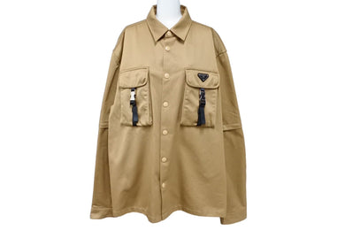 極美品 PRADA プラダ ZIAW 21AW ダブルポケットシャツ トライアングルロゴ SC548S2121UPX ICタグ コットン ベージュ XXL 中古 64978 