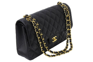 新品同様 CHANEL シャネル チェーンショルダーバッグ マトラッセ30 キャビアスキン Wフラップ A58600 ブラック ゴールド 22番台 中古 65033