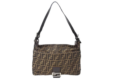 FENDI フェンディ ズッカ柄 ショルダーバッグ マンマバケット ジャガード レザー ブラウン シルバー金具 良品 中古 65042