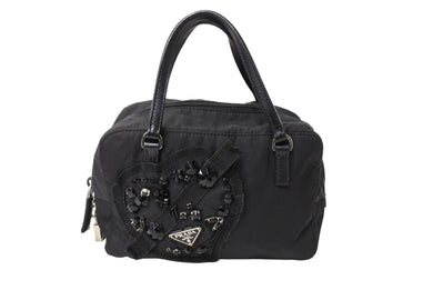 PRADA プラダ ハートビジュー ミニハンドバッグ ミニボストン BN1134 ナイロン ブラック シルバー金具 良品 中古 65047 