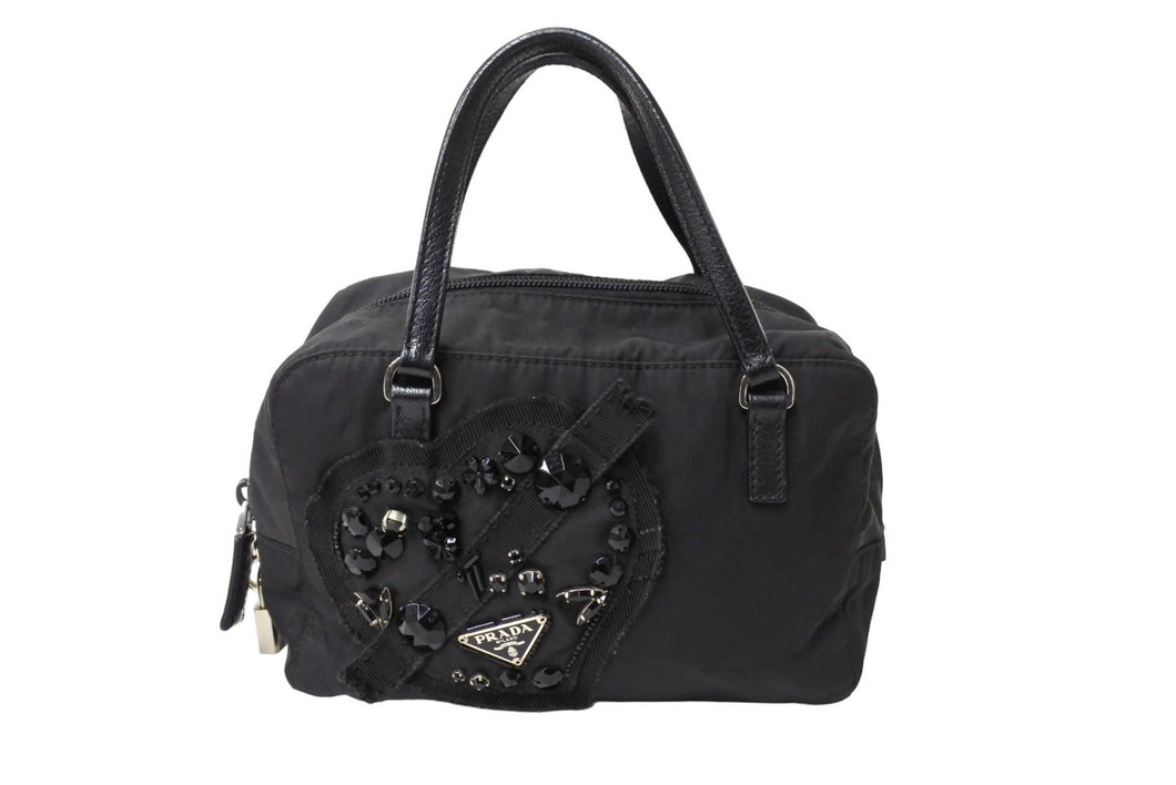 PRADA プラダ ハートビジュー ミニハンドバッグ ミニボストン BN1134 ナイロン ブラック シルバー金具 良品 中古 65047 