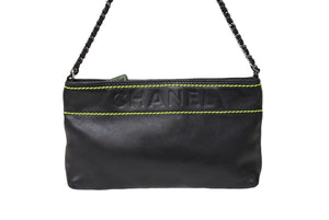 CHANEL シャネル チェーンハンドバッグ アクセサリーポーチ ロゴ 9番台 ラムスキン ブラック グリーン 美品 中古 65064