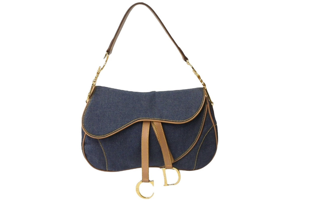 Christian Dior クリスチャンディオール ワンショルダーバッグ ダブルサドル デニム ブラウン ネイビー ゴールド金具 美品 中古 65087