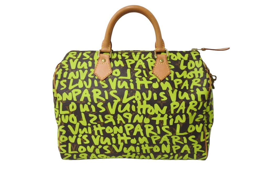 LOUIS VUITTON ルイヴィトン スピーディ30 ハンドバッグ M93706 モノグラムグラフィティ グリーン PVC ヌメ革 美品 中古 65093