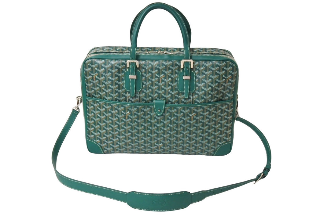 GOYARD ゴヤール アンバサードMM ブリーフケース ビジネスバッグ ヘリンボーン グリーン シルバー金具 美品 中古 65111