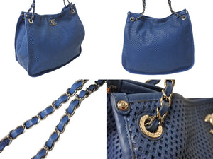 CHANEL シャネル パンチングレザー チェーン トートバッグ ココマーク 17番台 ブルー シルバー金具 ロゴ 肩掛け 美品 中古 65149