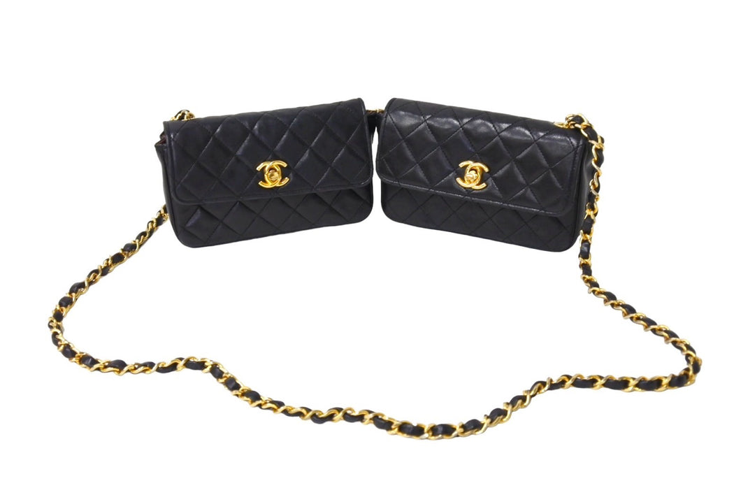 CHANEL シャネル マトラッセ チェーンショルダーダブルバッグ 5番台 ラムスキン ブラック ゴールド金具 美品 中古 65153