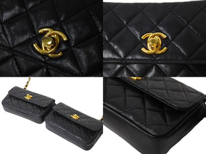 CHANEL シャネル マトラッセ チェーンショルダーダブルバッグ 5番台 ラムスキン ブラック ゴールド金具 美品 中古 65153