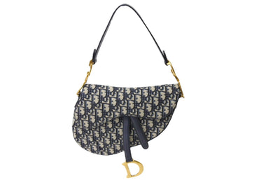 ChristianDior クリスチャンディオール サドルバック オブリーク トロッター柄 レザー キャンバス ネイビー 美品 中古 65162