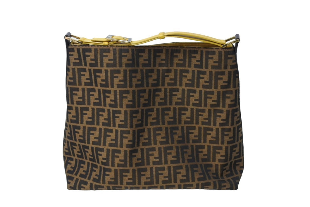 FENDI フェンディ ズッカ トートバッグ ショルダーバッグ 8BR653 キャンバス レザー ブラウン ブラック イエロー 美品 中古 65168 
